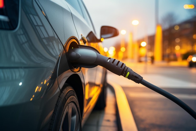 Un hombre conectando conecta el cargador al coche eléctrico en la estación de carga con precisión