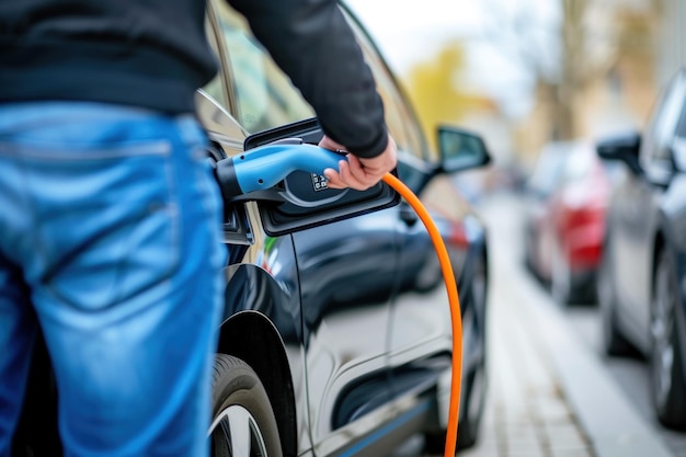 Foto un hombre está conectando el estacionamiento eléctrico con el cargador de estacionamiento en el estacionamiento