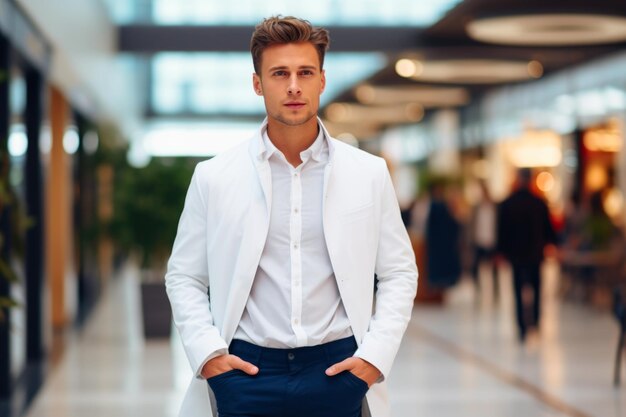 Hombre confiado en un blazer blanco en un centro comercial El concepto explora la moda masculina moderna en la vida urbana