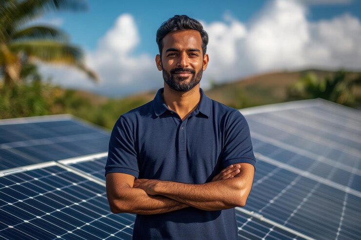 Un hombre confiado se para con los brazos cruzados frente a los paneles solares mostrando su compromiso con la energía renovable el cielo brillante y el fondo exuberante mejoran la atmósfera positiva