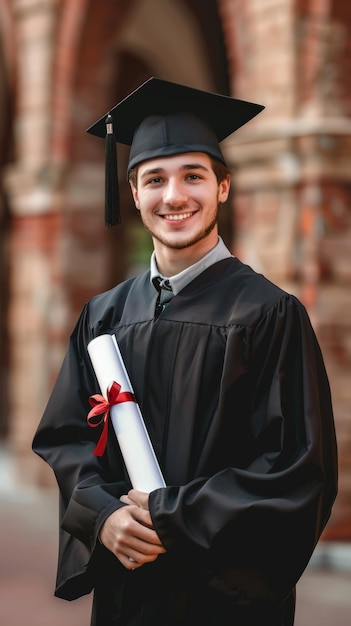 Hombre confiado graduado con diploma edificio universitario de ladrillo tradicional telón de fondo