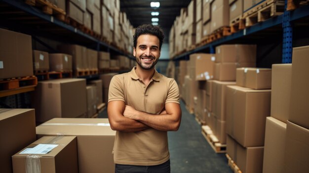 Foto hombre confiado está sonriendo y de pie en un almacén con estantes llenos de cajas que sugieren un papel en la logística o la gestión de inventario