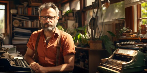 Foto hombre confiado en tirantes trabaja en una máquina de escribir anticuada en un estudio bien iluminado ia generativa