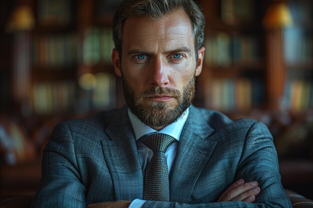 Foto hombre confiado con traje y corbata con los brazos cruzados