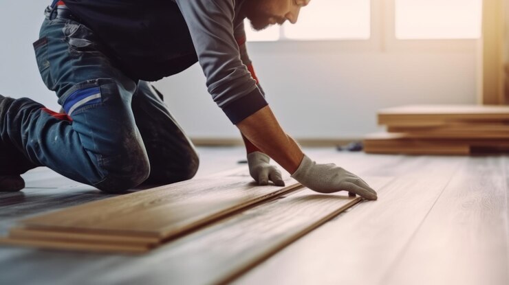 Hombre constructor profesional colocando pisos laminados en casa