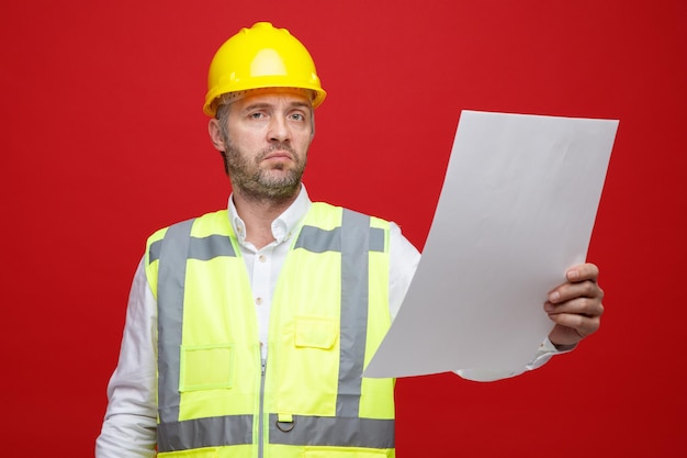 Hombre constructor en uniforme de construcción y casco de seguridad sosteniendo un plan mirando a la cámara confundido y disgustado de pie sobre fondo rojo.