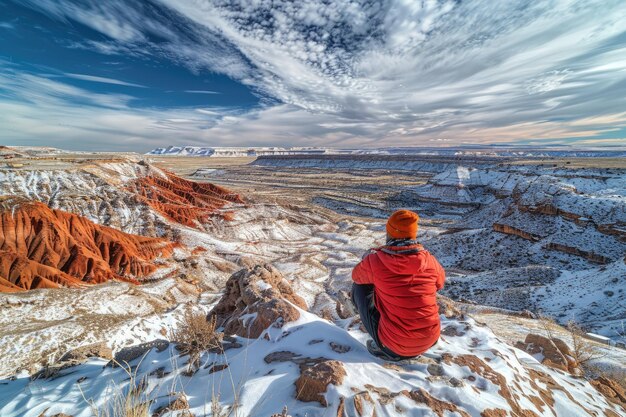 Foto un hombre contempla las vistas de la meseta de paria en un día de invierno