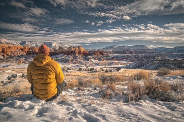 Foto un hombre contempla las vistas de la meseta de paria en un día de invierno