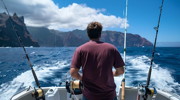 Hombre en contemplación en un barco mirando al mar abierto Cañas de pesca alineadas aventura espera ambiente marino sereno capturado hermosamente IA