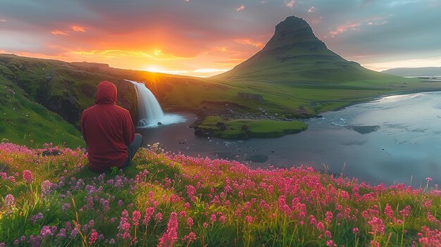 Hombre contemplando la naturaleza durante una impresionante puesta de sol de verano en la cascada de Kirkjufellsfoss en Islandia