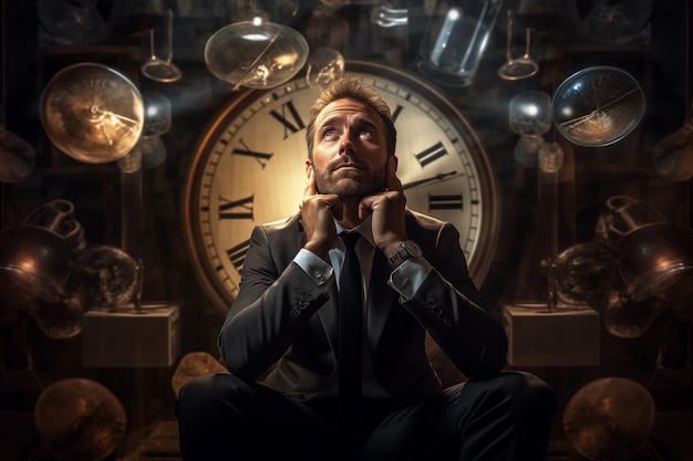 Foto un hombre contemplando el tiempo en medio de relojes flotantes