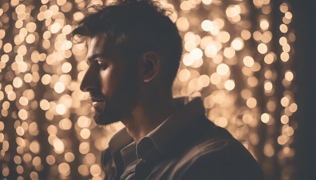 Foto hombre contemplativo con luces festivas en el fondo