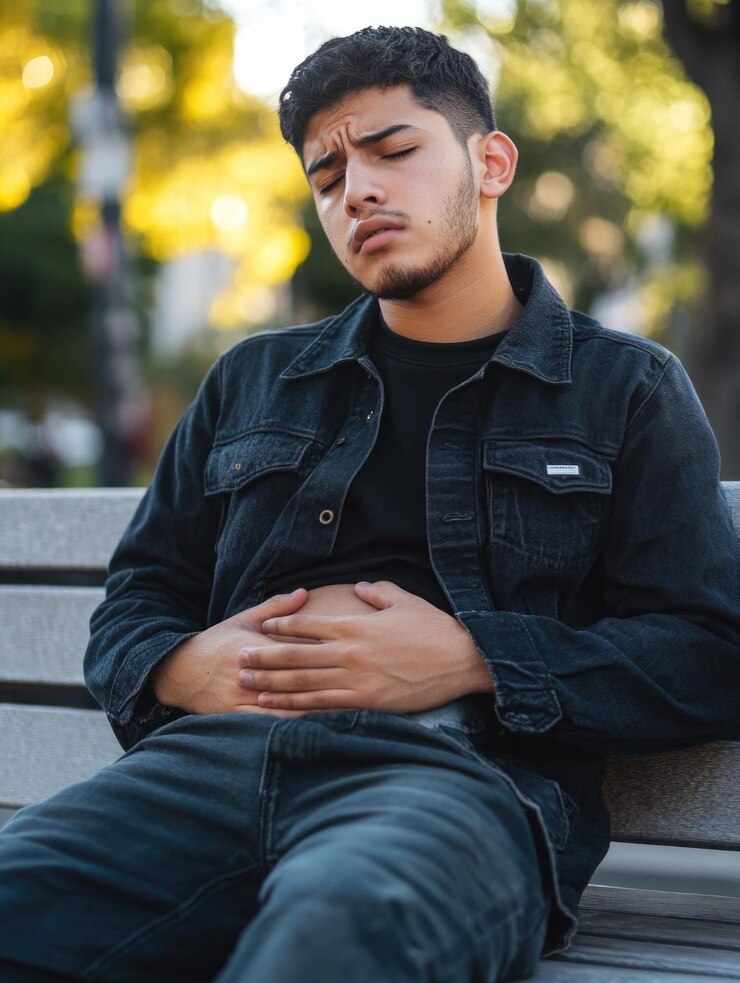 Hombre contemplativo con la mano en el estómago