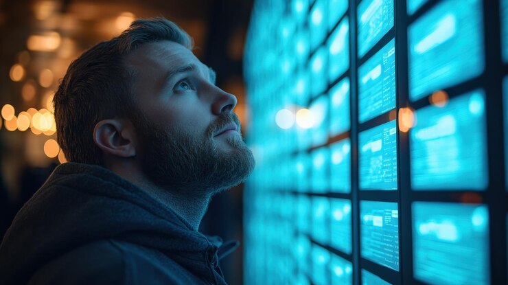 Hombre contemplativo mirando las pantallas digitales en un entorno tecnológico de moda