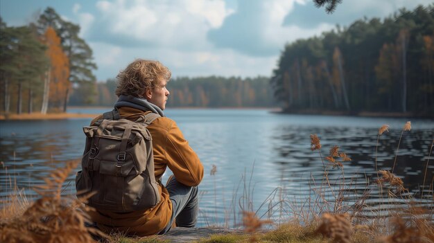 Hombre contemplativo sentado junto a un sereno lago en un paisaje otoñal