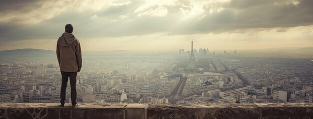 Foto hombre contemplativo con vistas a un paisaje urbano nublado