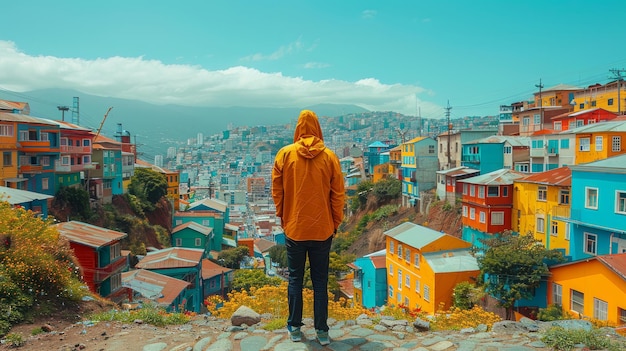 hombre contra el fondo de las casas de color