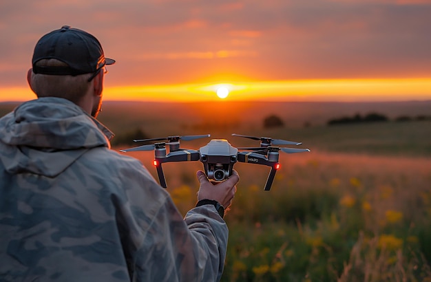 Un hombre controla el dron con un control remoto volando