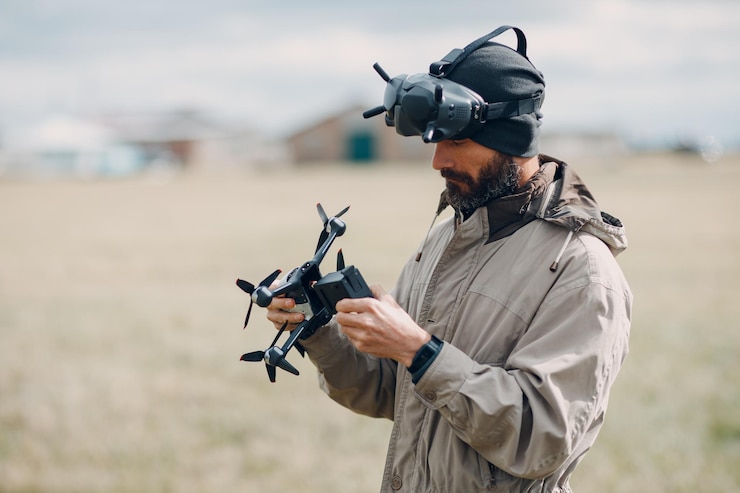 Foto hombre controlando drone quadcopter fpv con control remoto de antena de gafas