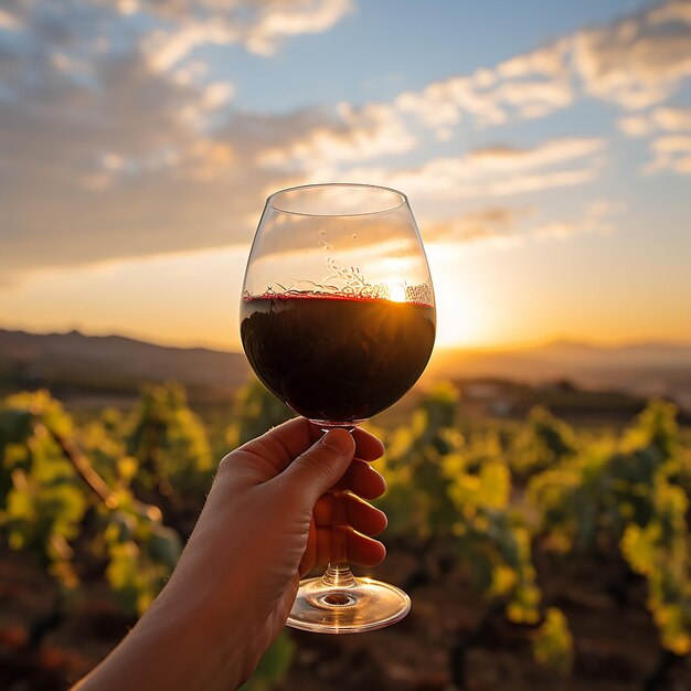 Foto hombre con una copa de vino disfrutando de la puesta de sol en el viñedo generado por la ia