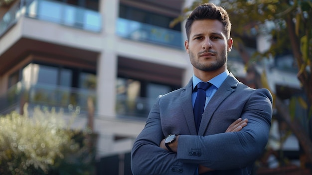 Foto un hombre con una corbata azul está de pie frente a un edificio
