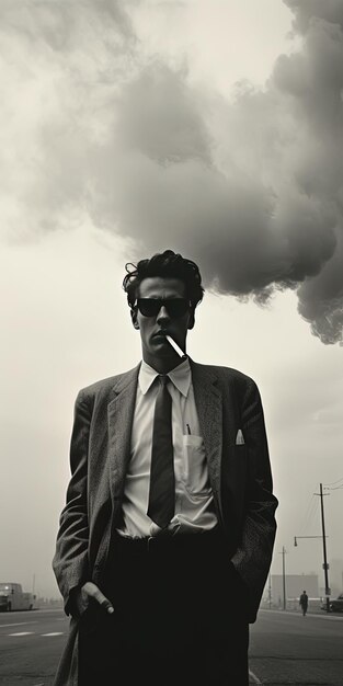 un hombre con corbata y gafas de sol fumando un cigarrillo