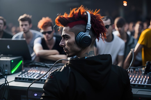 Un hombre con una corbata de pelo rojo y auriculares con las palabras " dj " en él.