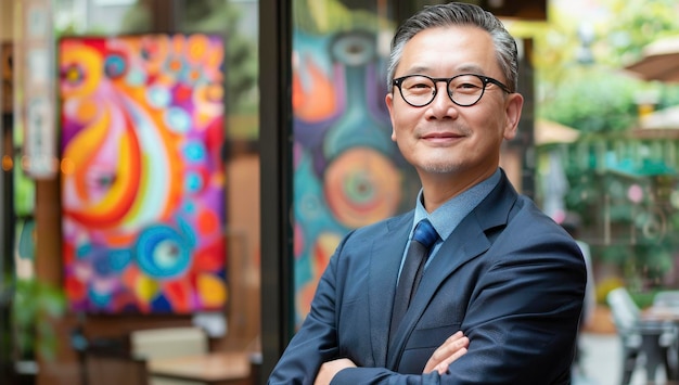 Hombre coreano con cara sonriente de pie en traje y brazo cruzado con el fondo del tablero de arte colorido del restaurante