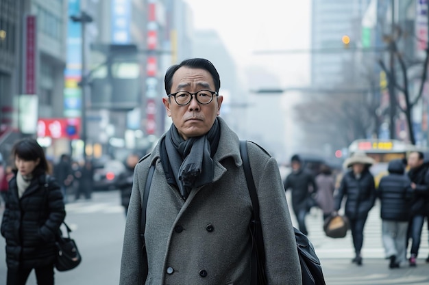 Hombre coreano de mediana edad con una clásica chaqueta gris en el fondo de la calle de la ciudad