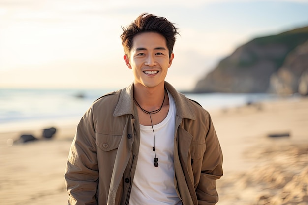 Hombre coreano en la playa sonriendo lleno