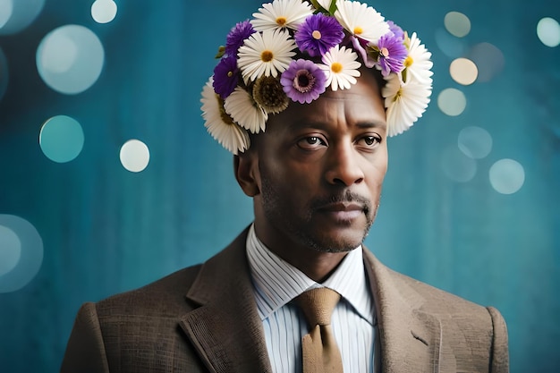 Foto un hombre con una corona de flores está usando una cinta para la cabeza.