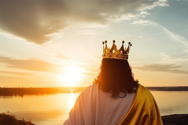 Un hombre con una corona se para frente a un lago y mira la puesta de sol.