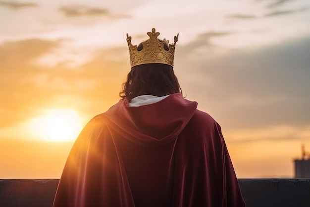 Un hombre con una corona se para frente a una puesta de sol.