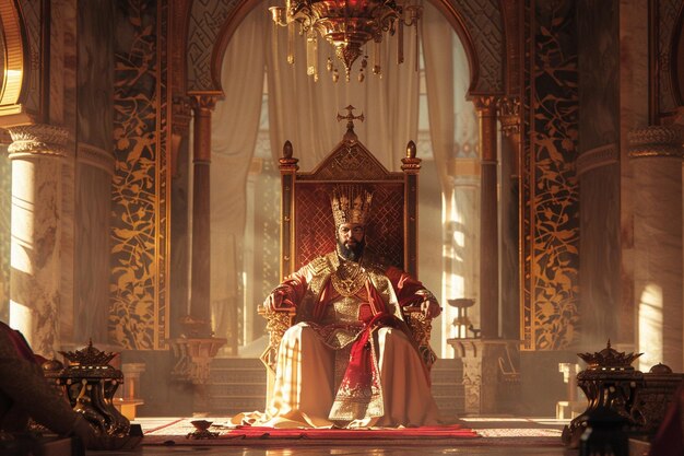 un hombre con una corona se sienta en un templo