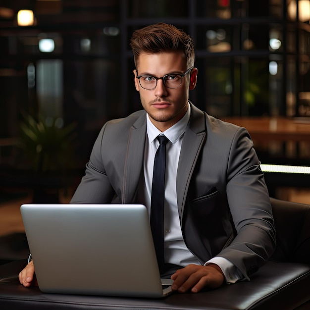 Hombre corporativo con traje y corbata elegante sentado con una computadora portátil
