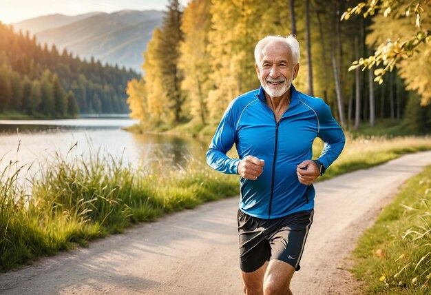 un hombre corre en un bosque con un lago en el fondo