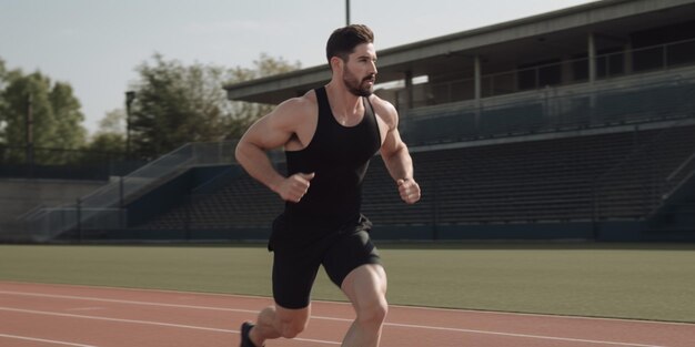 Un hombre corre en una pista en un estadio deportivo.