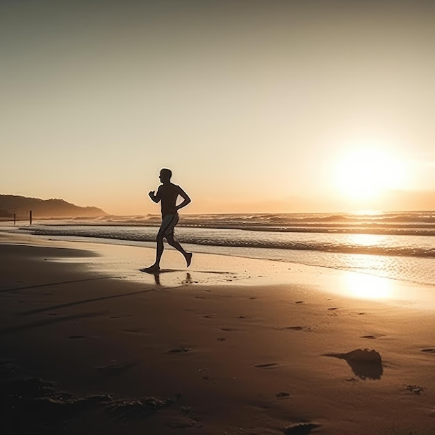 Un hombre corre por la playa con el sol poniéndose detrás de él.