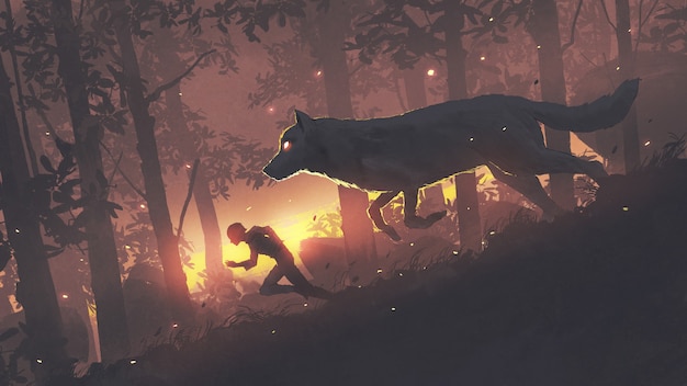 Un hombre corriendo en el bosque con su lobo legendario, estilo de arte digital, pintura de ilustración