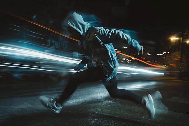 un hombre corriendo por una calle por la noche