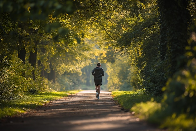 Hombre corriendo por el camino del bosque