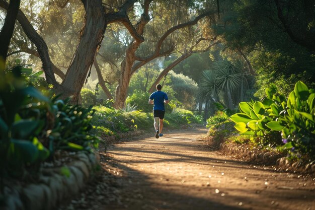 Hombre corriendo por un camino sereno del bosque con la luz del sol filtrándose a través de árboles que representan la salud y la naturaleza.