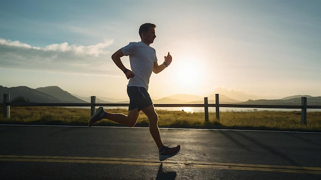 Hombre corriendo en una carretera con el sol