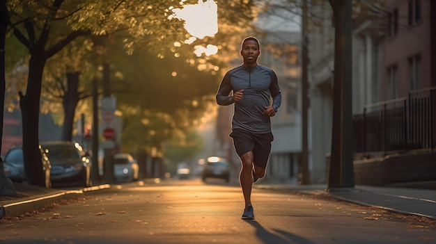 Foto hombre corriendo por la ciudad en la mañana de otoño creado con tecnología de ia generativa