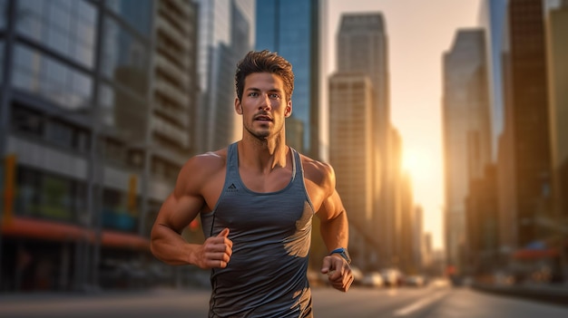 Un hombre corriendo en una ciudad con el sol detrás de él.