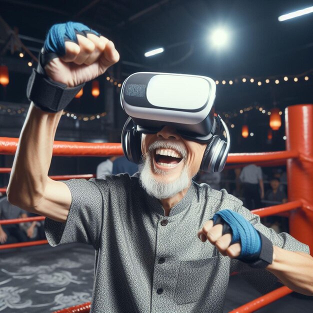 Foto hombre corriendo con gafas de realidad virtual medios mixtos