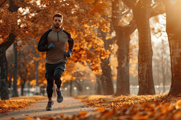 Foto un hombre corriendo en el parque en otoño