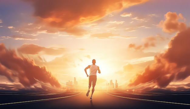 Hombre corriendo hacia la puesta de sol en el camino
