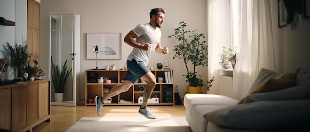 Foto un hombre corriendo en una sala de estar con una imagen de un barco en la pared