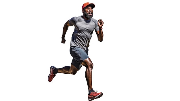 un hombre corriendo con un sombrero rojo y una camisa gris.